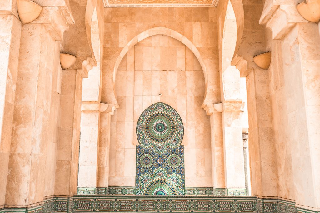 Quiet riad pool and loungers in Morocco set for a honeymoon